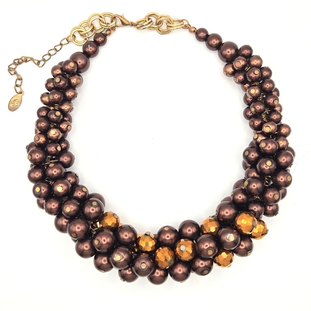 Ethel & Myrtle Chocolate‎ Faux Pearl and Gold Faceted Bead Cluster Bib Necklace
